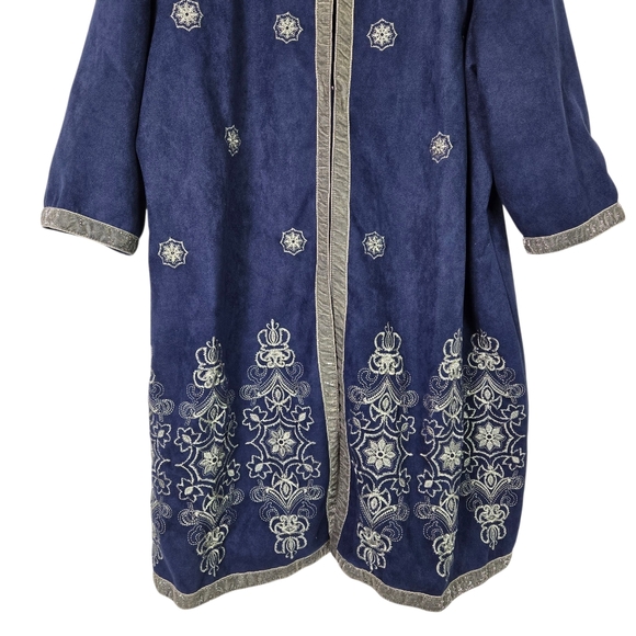 Indigo Thread Duster Coat Blue Embroidered Long Microsuede Longline Boho Plus 3X - Picture 8 of 14
